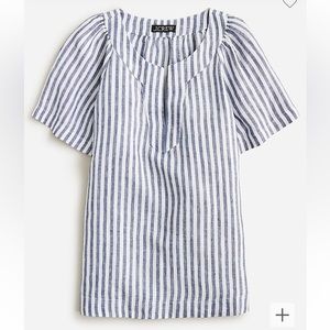 J Crew Flutter Sleeve V Neck Linen Top Navy Blue White Stripes- Size Small
